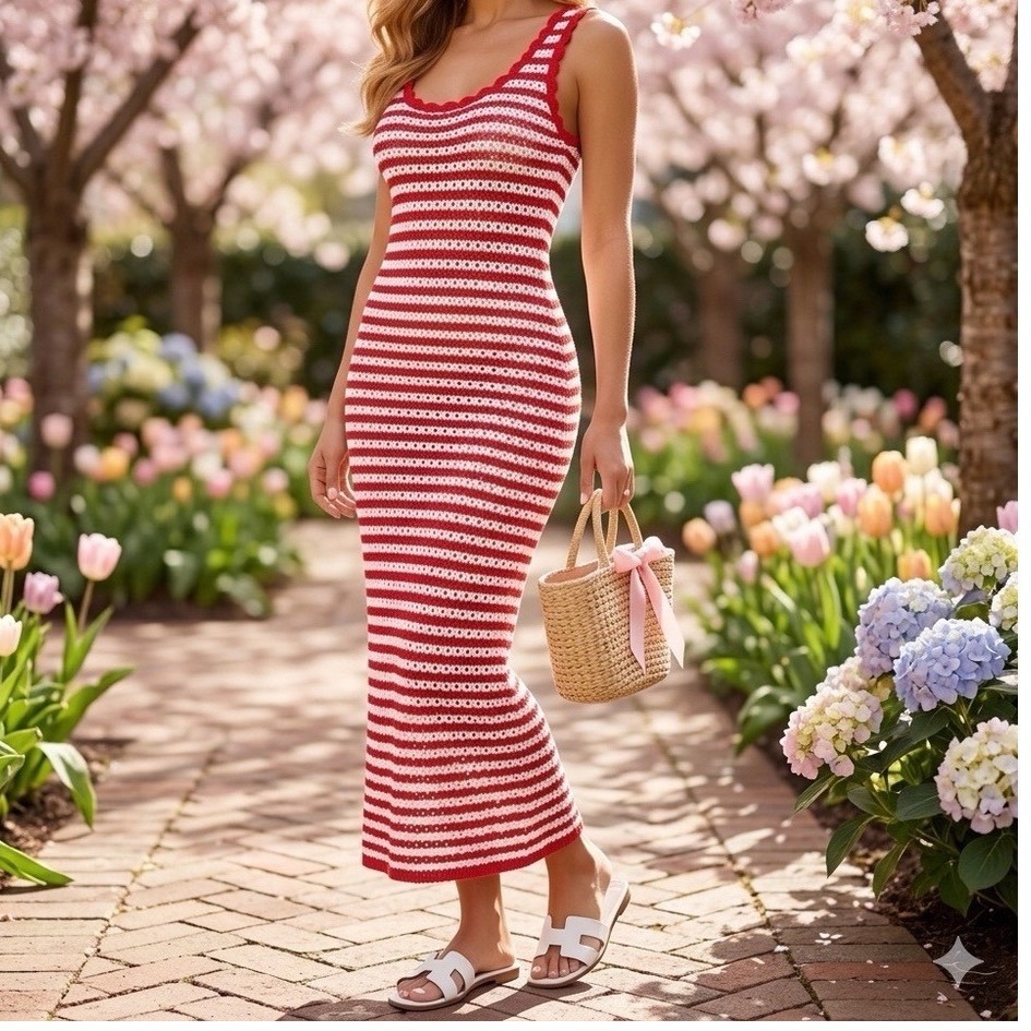 Crochet Knit Striped Maxi Dress Red White Small Coastal Beach Resort Bodycon